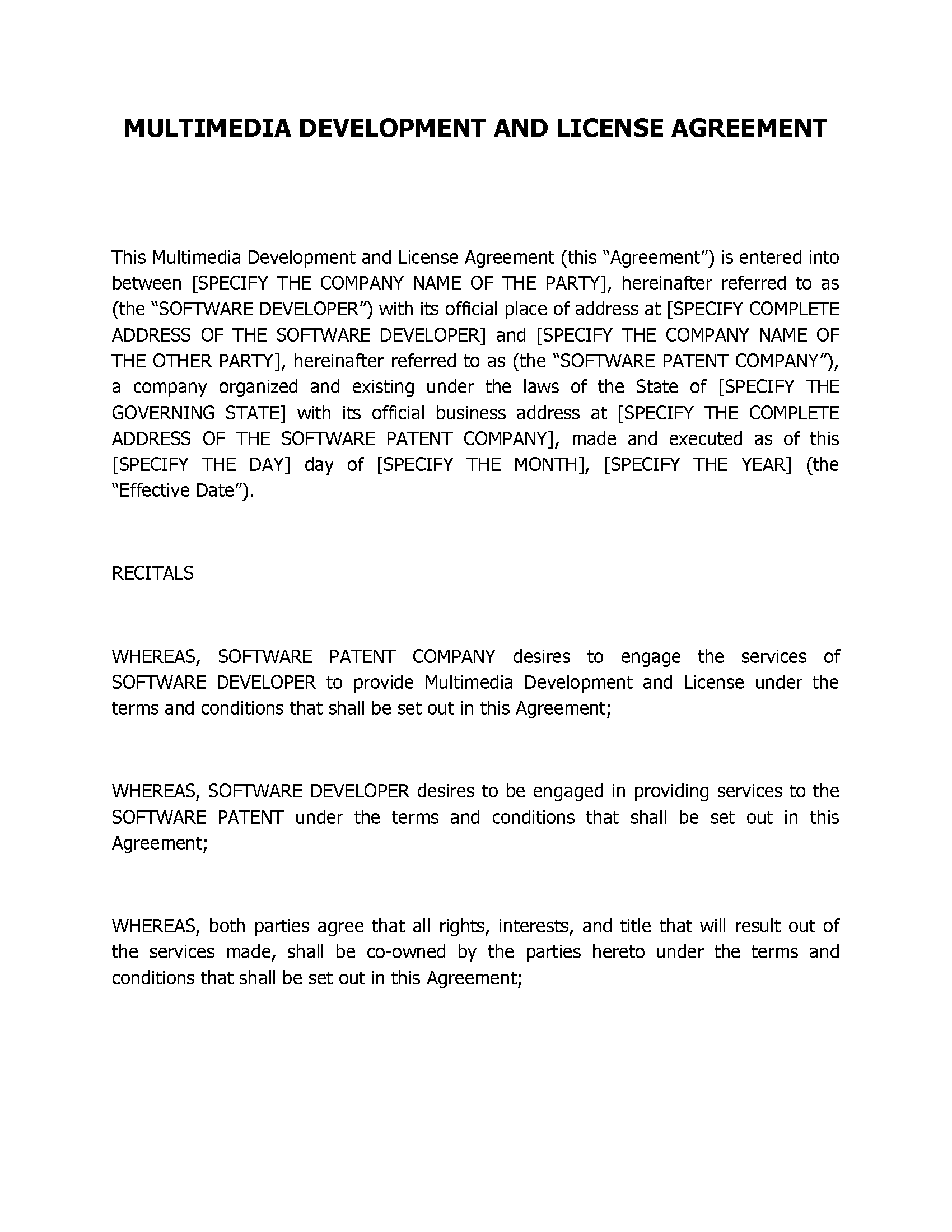 Multimedia Development And License Agreement